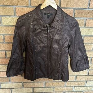 Vintage Christine Phillipe Chocolate Brown Studded Full Zip Jacket Womens Size 2